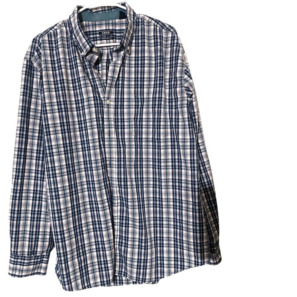 IZOD Premium Essentials Blue Teal White Plaid Button Down Shirt XL Long Sleevr